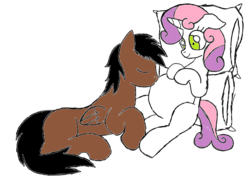 Size: 1024x737 | Tagged: safe, artist:fossildiggerpegasus, artist:lesbocarwash, color edit, edit, sweetie belle, oc, oc:fossil digger, g4, 1000 hours in ms paint, belly kisses, canon x oc, colored, kissing, ms paint, older, pillow, preggy belle, pregnant, shipping