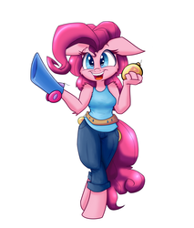 Size: 2500x2935 | Tagged: safe, artist:heir-of-rick, pinkie pie, earth pony, anthro, g4, arm cannon, clothes, female, floppy ears, hand, high res, simple background, solo