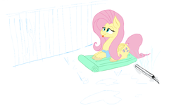 Size: 1185x716 | Tagged: safe, artist:fatalqueef, fluttershy, g4, :p, bedroom eyes, cute, female, fence, floaty, grass, pool toy, prone, shyabetes, smiling, solo, sprinkler, tongue out, unshorn fetlocks, water