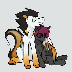 Size: 741x745 | Tagged: safe, artist:enma-darei, oc, oc only, oc:nyct, bat pony, pegasus, pony, cuddling, hug, simple background, sitting, snuggling, winghug