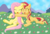 Size: 1763x1185 | Tagged: safe, artist:majkashinoda626, fluttershy, sunset shimmer, pegasus, pony, unicorn, g4, ^^, cute, eyes closed, female, flower, grass, hug, lesbian, shimmerbetes, ship:sunshyne, shipping, shyabetes, sitting, smiling