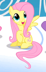Size: 248x391 | Tagged: safe, screencap, fluttershy, pinkie pie, twilight sparkle, pegasus, pony, g4, sonic rainboom (episode), :d, animated, blinking, cropped, cute, female, looking up, raised hoof, shyabetes, sitting, spread wings