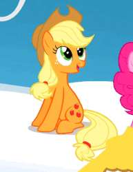 Size: 328x425 | Tagged: safe, screencap, applejack, pinkie pie, earth pony, pony, g4, sonic rainboom (episode), :d, animated, blinking, cropped, cute, female, jackabetes, looking up