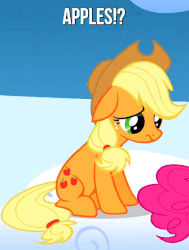 Size: 421x558 | Tagged: safe, edit, screencap, applejack, pinkie pie, earth pony, pony, g4, sonic rainboom (episode), animated, blinking, caption, cropped, cute, female, happy, jackabetes, text, that pony sure does love apples