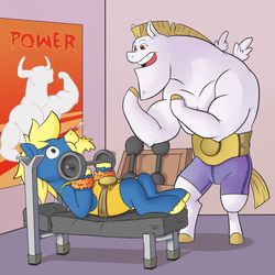 Size: 2500x2500 | Tagged: safe, artist:raph13th, bulk biceps, oc, oc:doc helix, ask pony, comic:built for power, g4, dumbbell (object), duo, high res, tumblr, weight lifting, weights