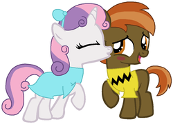 Size: 960x693 | Tagged: safe, artist:iceagelover, button mash, sweetie belle, g4, blushing, charlie brown, cheek kiss, clothes, colt, cosplay, costume, duo, female, filly, foal, heather wold, kissing, male, peanuts, ship:sweetiemash, shipping, simple background, straight, the little red haired girl, the peanuts movie, white background