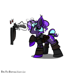 Size: 1280x1280 | Tagged: safe, artist:bbsartboutique, oc, oc only, pony, unicorn, fallout equestria, armor, bullet, gun, magic, saddle bag, solo, weapon, worried