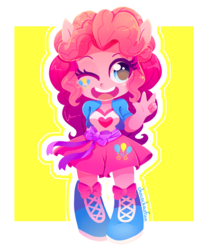 Size: 900x1072 | Tagged: safe, artist:sharmie, pinkie pie, equestria girls, g4, chibi, doll, equestria girls minis, female, open mouth, peace sign, smiling, solo, toy, wink