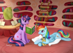 Size: 1600x1163 | Tagged: safe, artist:amenoo, daring do, rainbow dash, twilight sparkle, g4, book, female, golden oaks library, pillow, reading