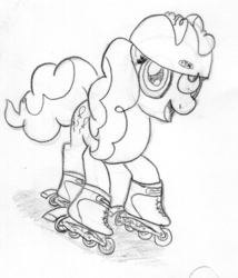 Size: 604x704 | Tagged: safe, artist:midwestbrony, pinkie pie, g4, 4chan, female, helmet, monochrome, roller skates, solo