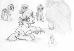 Size: 990x693 | Tagged: safe, artist:midwestbrony, bon bon, derpy hooves, lyra heartstrings, sweetie drops, oc, oc:amber rose (thingpone), oc:thingpone, pegasus, pony, g4, 4chan, female, mare, monochrome, traditional art