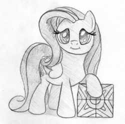 Size: 627x622 | Tagged: safe, artist:midwestbrony, fluttershy, g4, 4chan, female, folded wings, looking at you, monochrome, pencil drawing, simple background, solo, standing, tile, traditional art, white background