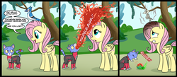 Size: 1500x656 | Tagged: safe, artist:madmax, fluttershy, bird, blue jay, pegasus, pony, g4, abuse, acid, animal abuse, comic, crossover, dark comedy, dead, death, dex-starr, female, green lantern, gritted teeth, hairball, mare, power ring, red lantern, skeleton, vomit, vomiting, wide eyes