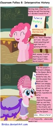 Size: 2344x5592 | Tagged: safe, artist:birdco, pinkie pie, earth pony, pony, g4, 2 panel comic, alternate hairstyle, chalkboard, classroom follies, clothes, comic, cosplay, costume, dress, implied cheerilee, marie antoinette, ponyville schoolhouse, powdered wig, text