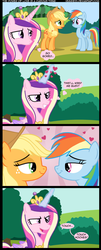 Size: 1151x2858 | Tagged: safe, artist:veggie55, applejack, princess cadance, rainbow dash, alicorn, earth pony, pegasus, pony, abuse of power, appledash, applejack's hat, bedroom eyes, bored, comic, cowboy hat, dialogue, eye contact, female, freckles, grin, hat, heart, holding hooves, lesbian, lewd, looking at each other, love magic, magic, mare, now kiss, open mouth, princess of love, princess of shipping, shipper on deck, shipping, show accurate, smiling, smirk, stetson, thought bubble, with great power comes great shipping