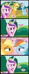 Size: 1151x2858 | Tagged: dead source, safe, artist:veggie55, applejack, princess cadance, rainbow dash, alicorn, earth pony, pegasus, pony, g4, abuse of power, applejack's hat, bedroom eyes, bored, comic, cowboy hat, dialogue, eye contact, female, freckles, grin, hat, heart, holding hooves, lesbian, lewd, looking at each other, love magic, magic, mare, now kiss, open mouth, princess of love, princess of shipping, ship:appledash, shipper on deck, shipping, show accurate, smiling, smirk, stetson, thought bubble, with great power comes great shipping