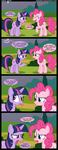 Size: 1203x3114 | Tagged: dead source, safe, artist:veggie55, pinkie pie, twilight sparkle, earth pony, pony, unicorn, g4, ^^, comic, eyes closed, female, hilarious in hindsight, mare, open mouth, raised hoof, unicorn twilight