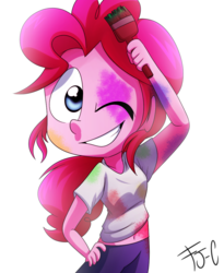 Size: 900x1100 | Tagged: safe, artist:fj-c, pinkie pie, equestria girls, g4, belly button, brush, clothes, female, grin, midriff, one eye closed, paint, shirt, smiling, solo, wink