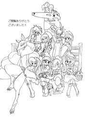 Size: 640x904 | Tagged: safe, artist:ynhl, applejack, fluttershy, pinkie pie, rainbow dash, rarity, spike, twilight sparkle, dog, youkai, equestria girls, g4, arachnus, japanese, jibanyan, komasan, kyubi, mane six, monochrome, ogama, spike the dog, toadal dude, tsuchigumo, venoct, whisper, yo-kai watch