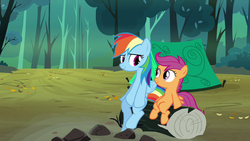 Size: 1280x720 | Tagged: safe, screencap, rainbow dash, scootaloo, pony, g4, sleepless in ponyville, female, sitting, tent