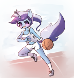 Size: 800x839 | Tagged: safe, artist:lessue, minuette, anthro, plantigrade anthro, g4, basketball, belly button, clothes, female, midriff, pixiv, shorts, solo, tank top