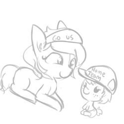 Size: 792x792 | Tagged: safe, artist:tjpones, oc, oc only, oc:sporty mcsportshorse, earth pony, pony, baby, baby pony, doodle, grayscale, hat, monochrome, simple background, white background