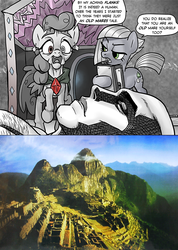 Size: 623x874 | Tagged: safe, artist:pencils, limestone pie, oc, oc:anon, oc:saltsimmer talltail, g4, comic, highly inaccurate, machu picchu, monochrome