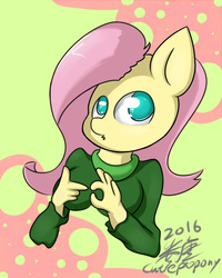 Size: 720x900 | Tagged: safe, artist:cutiepoppony, fluttershy, anthro, g4, abstract background, bust, clothes, female, gesture, innuendo, looking at you, solo, sweater, sweatershy