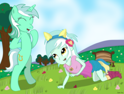 Size: 2149x1637 | Tagged: safe, artist:johesy, lyra heartstrings, human, pony, unicorn, equestria girls, g4, all fours, bipedal, counter-humie, duo, eyes closed, female, human ponidox, laughing, lyra doing lyra things, lyra the pegasister, mare, open mouth, quadrupedal, self paradox, self ponidox, that human sure does love ponies, that human sure loves ponies