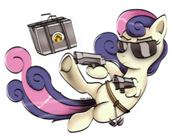 Size: 848x683 | Tagged: safe, artist:johesy, bon bon, sweetie drops, earth pony, pony, g4, briefcase, dual wield, female, grappling hook, gun, mare, secret agent sweetie drops, simple background, solo, sunglasses, transparent background, weapon