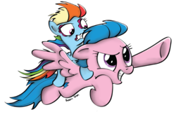Size: 952x648 | Tagged: safe, artist:johesy, firefly, rainbow dash, pegasus, pony, g1, g4, duo, female, filly, firefly as rainbow dash's mom, flying, foal, g1 to g4, generation leap, mare, mother and child, mother and daughter, ponies riding ponies, rainbow dash riding firefly, riding