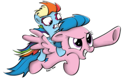 Size: 952x648 | Tagged: safe, artist:johesy, firefly, rainbow dash, pegasus, pony, g1, g4, duo, female, filly, firefly as rainbow dash's mom, flying, foal, g1 to g4, generation leap, mare, mother and child, mother and daughter, ponies riding ponies, riding