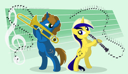 Size: 900x527 | Tagged: safe, artist:seiani, oc, oc only, oc:adagio, oc:taser batteries, clarinet, musical instrument, trombone