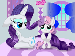 Size: 1600x1200 | Tagged: safe, artist:lovehtf421, rarity, sweetie belle, pony, g4, :c, duo, tail hold