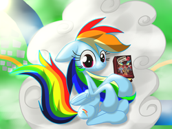 Size: 1600x1200 | Tagged: safe, artist:lovehtf421, rainbow dash, pony, g4, book, cloud, female, solo