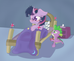 Size: 1100x900 | Tagged: safe, artist:vengefulstrudel, spike, twilight sparkle, pony, g4, bed, blushing, duo, red nosed, sick