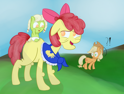 Size: 1650x1250 | Tagged: safe, artist:vengefulstrudel, apple bloom, applejack, granny smith, earth pony, pony, g4, adult blank flank, age progression, age regression, baby, baby pony, blank flank, elderly, exclamation point, female, foal, interrobang, mare, question mark, role reversal, trio, young granny smith
