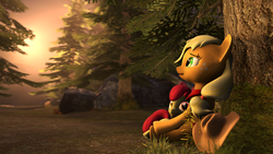 Size: 1920x1080 | Tagged: safe, artist:rogerdaily, apple bloom, applejack, g4, 3d, bandana, cuddling, forest, rock, sisters, snuggling, source filmmaker, sunset