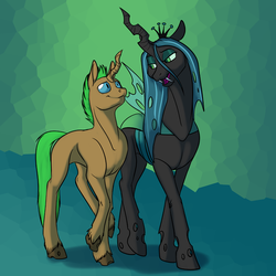 Size: 1000x1000 | Tagged: safe, artist:foxenawolf, queen chrysalis, oc, oc:epiphany path, changeling, changeling queen, fanfic:the growing years, g4, changeling oc, changeling queen oc, duo, fanfic art, fangs, female