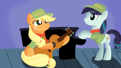 Size: 1280x720 | Tagged: safe, artist:jbond, applejack, coloratura, earth pony, pony, g4, clothes, duo, female, filly, guitar, hat, musical instrument, piano, rara, scout uniform, sitting, younger