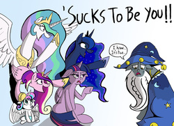 Size: 1051x760 | Tagged: safe, artist:godforoth, princess cadance, princess celestia, princess flurry heart, princess luna, star swirl the bearded, twilight sparkle, alicorn, pony, g4, season 6, alicorn pentarchy, baby, baby pony, bullying, crying, dialogue, discussion in the comments, dude not funny, female, filly, floppy ears, foal, frown, gradient background, horseshoes, lidded eyes, mare, open mouth, out of character, pacifier, pointing, sad, sexism, sitting, smiling, song reference, spread wings, sucks to be him, twilight sparkle (alicorn), underhoof