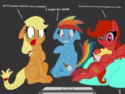 Size: 2048x1536 | Tagged: safe, artist:rihanna bell pepper, applejack, rainbow dash, oc, g3, g4, confused, crying, ears back, food, movie, popcorn, reaction, scared, trace