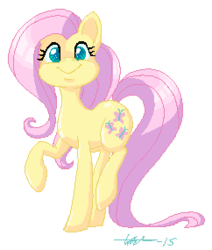 Size: 242x285 | Tagged: safe, artist:tiitcha, fluttershy, earth pony, pony, g4, cheeks, cute, earth pony fluttershy, female, looking at you, pixel art, race swap, raised hoof, simple background, smiling, solo, transparent background, wingless