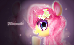 Size: 3380x2050 | Tagged: safe, artist:lmgchikess, fluttershy, g4, female, flower, flower in hair, high res, looking at you, portrait, profile, solo