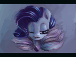 Size: 2662x2015 | Tagged: safe, artist:x-raydistorted, rarity, g4, feather, female, high res, lipstick, missing horn, portrait, solo, wink