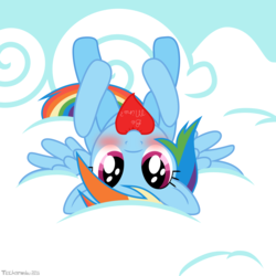 Size: 4000x4000 | Tagged: safe, artist:techarmsbu, rainbow dash, pegasus, pony, g4, blushing, bronybait, c:, cloud, cute, dashabetes, female, floppy ears, heart, hearts and hooves day, legs in air, looking at you, mouth hold, nom, on back, smiling, solo, spread wings, upside down, valentine's day