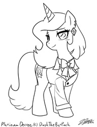 Size: 1000x1309 | Tagged: safe, artist:johnjoseco, oc, oc only, oc:platinum decree, pony, unicorn, blazer, clothes, earring, female, grayscale, looking at you, mare, monochrome, piercing, ribbon, smiling, solo, suit