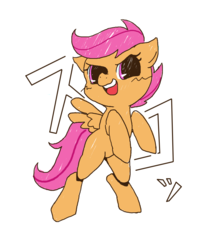 Size: 879x981 | Tagged: safe, artist:monon0, scootaloo, pegasus, pony, g4, bipedal, blank flank, female, filly, foal, japanese, open mouth, simple background, solo, spread wings, teeth, white background, wings