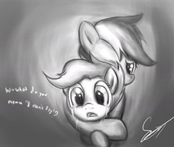 Size: 1666x1410 | Tagged: safe, artist:styber, rainbow dash, scootaloo, pegasus, pony, g4, crying, dialogue, grayscale, monochrome, open mouth, sad, scootaloo can't fly, scootasad