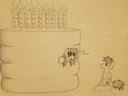 Size: 1280x960 | Tagged: dead source, safe, artist:nom-sympony, oc, oc:pepper dust, pegasus, pony, birthday cake, cake, food, pegasus oc, popping out of a cake, tongue out, traditional art